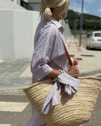 Dames Gestreepte Midi Shirt Jurk Lange Mouwen