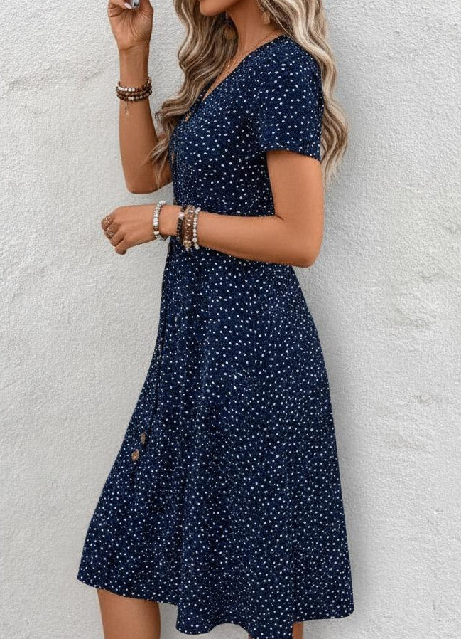 Dames Midi Jurk Stippenprint met Knopen