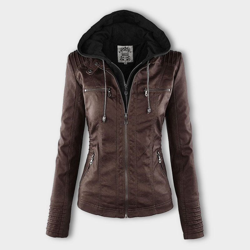 Alessia Jas | Dames Herfst Imitatieleren Bikerjas met Capuchon