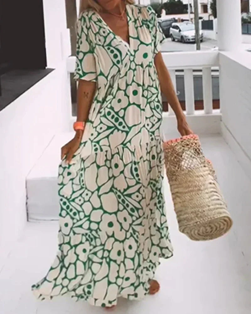 Dames Abstracte Print Maxi Jurk met V Hals