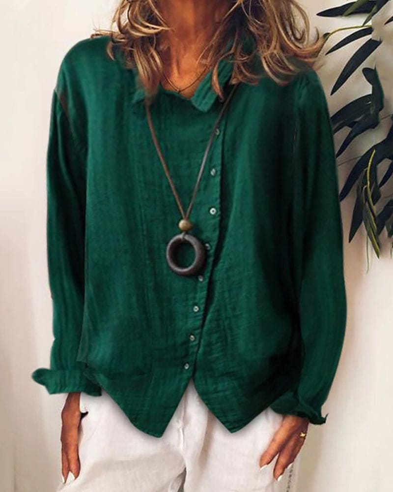Patina Overhemd | Loszittend Overhemd in Groen met Knopen en Lange Mouwen