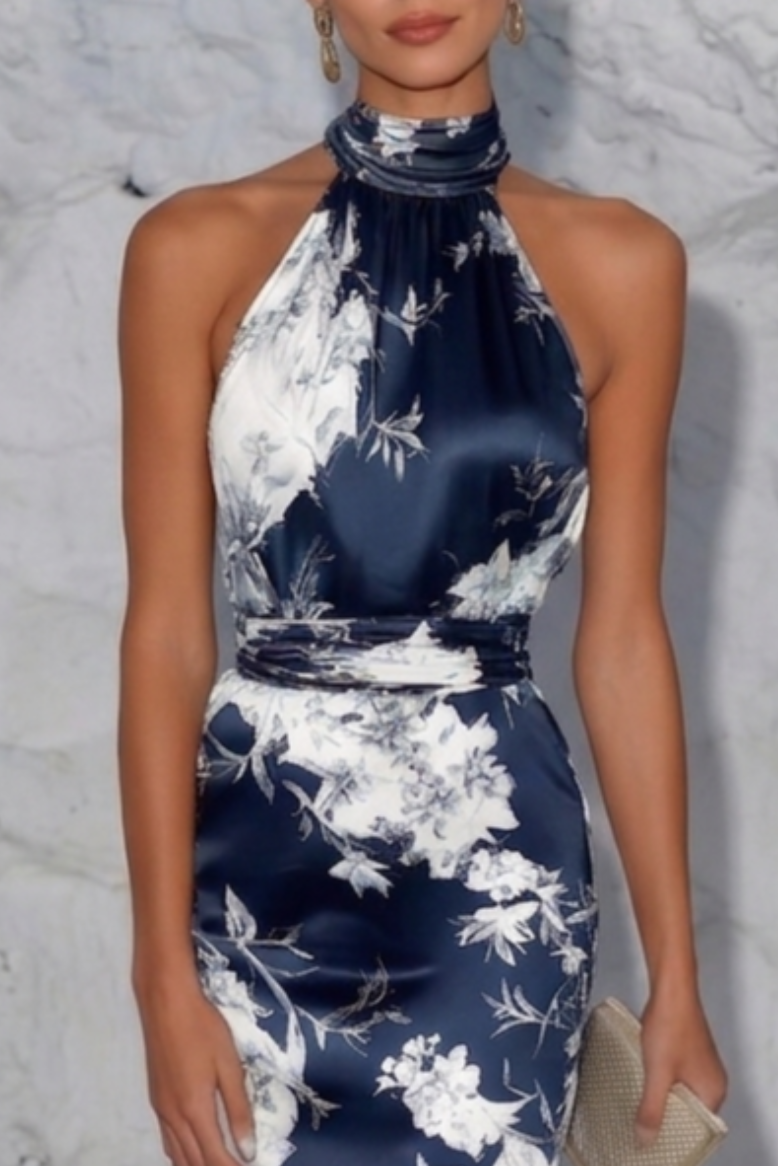 Dames Satijnen Halter Midi Jurk Bloemenprint