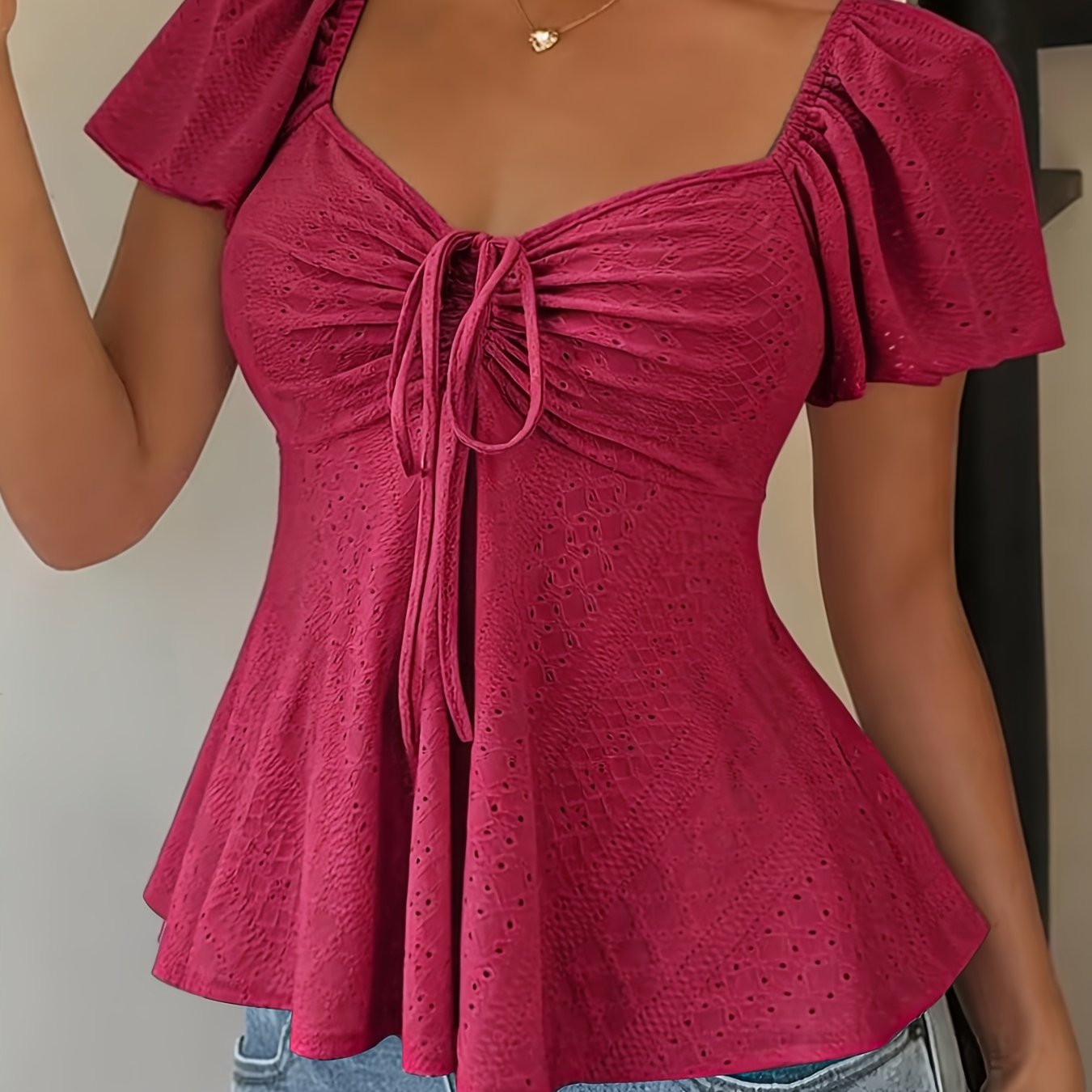 Dames Zomer Blouse Met Trekkoord En V Hals