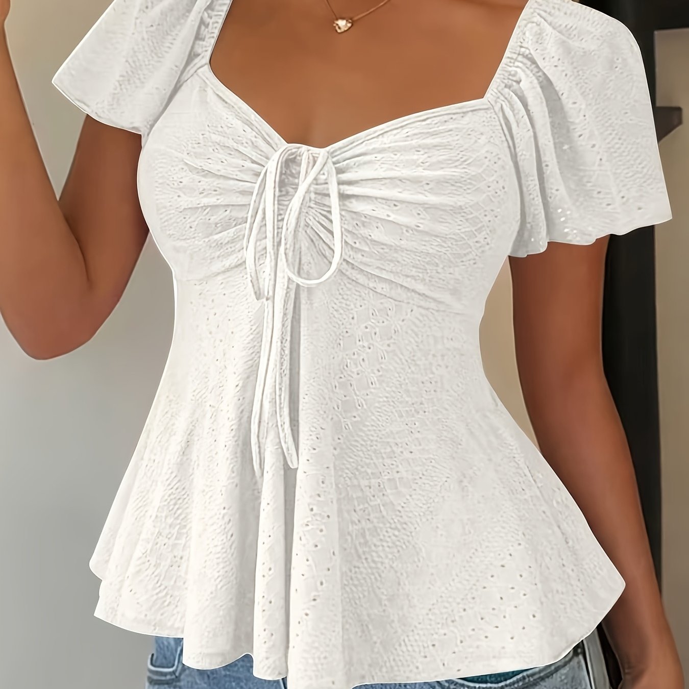 Dames Zomer Blouse Met Trekkoord En V Hals