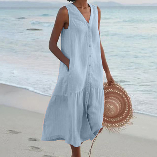 Dames Mouwloze Midi Jurk met Knopen