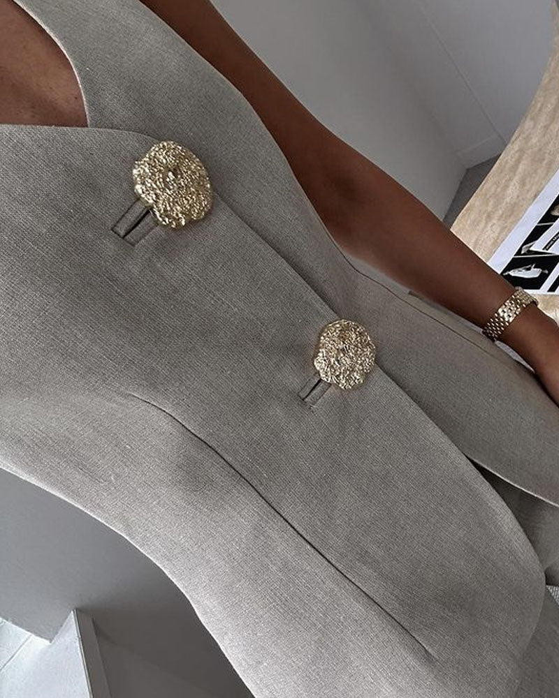 Meghan Set | Vrouwen Gouden Knop Vest en Broek Set