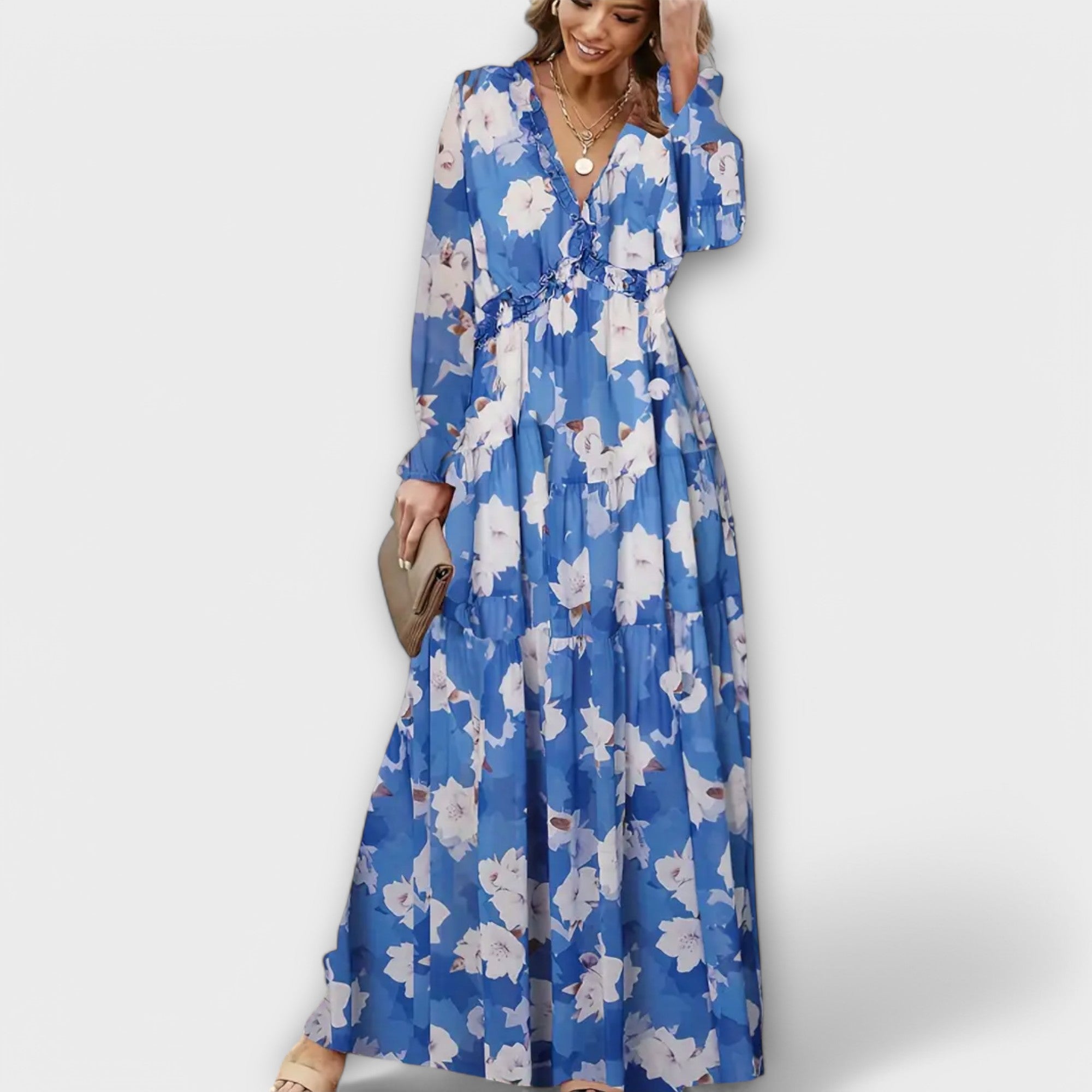 Dames Bloemenprint Maxi Jurk V Hals Lange Mouwen
