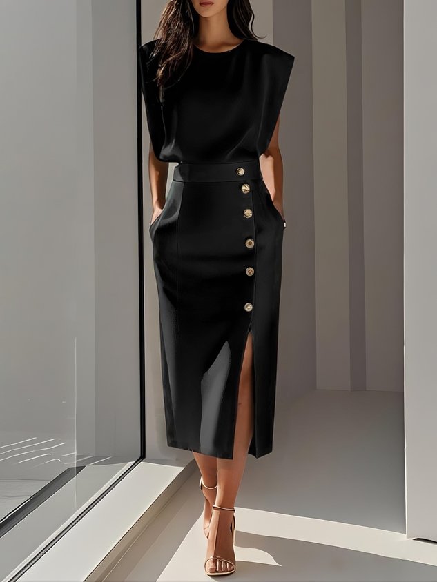 Dames Mouwloze Midi Jurk met Zijknopen