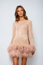 Dames Pailletten Mini Jurk met Veren Zoom