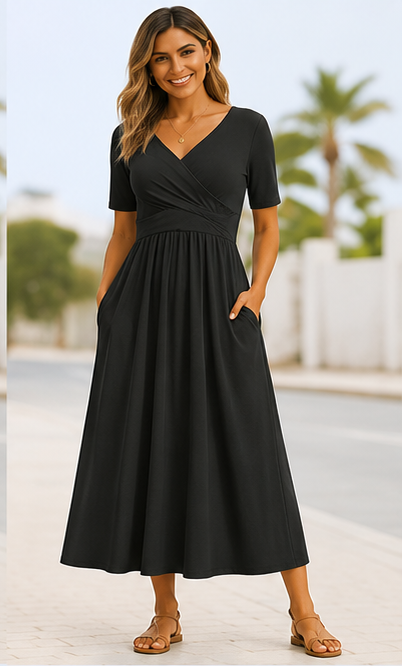 Women's Midi Dress Short Sleeve Crossover Detail