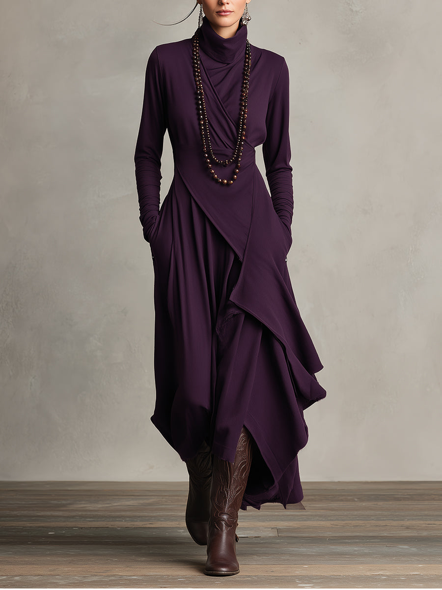 Dames Asymmetrische Gebreide Maxi Jurk met Col