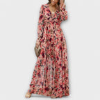 Dames Bloemenprint Maxi Jurk V Hals Lange Mouwen