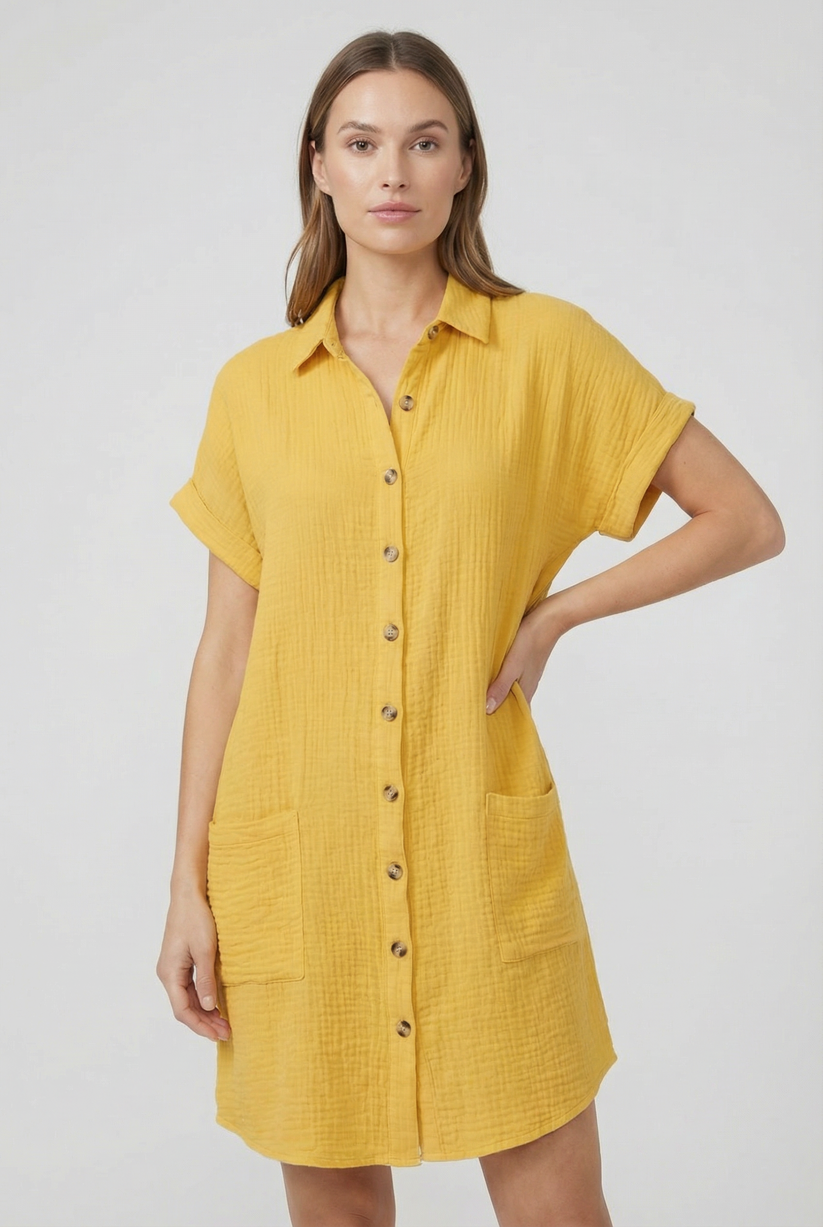 Women's Cotton Blend Shirt Mini Dress Short Sleeve