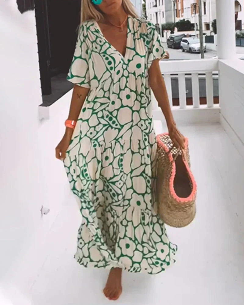 Dames Abstracte Print Maxi Jurk met V Hals