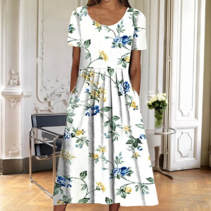 Dames Bloemenprint Midi Jurk Korte Mouwen