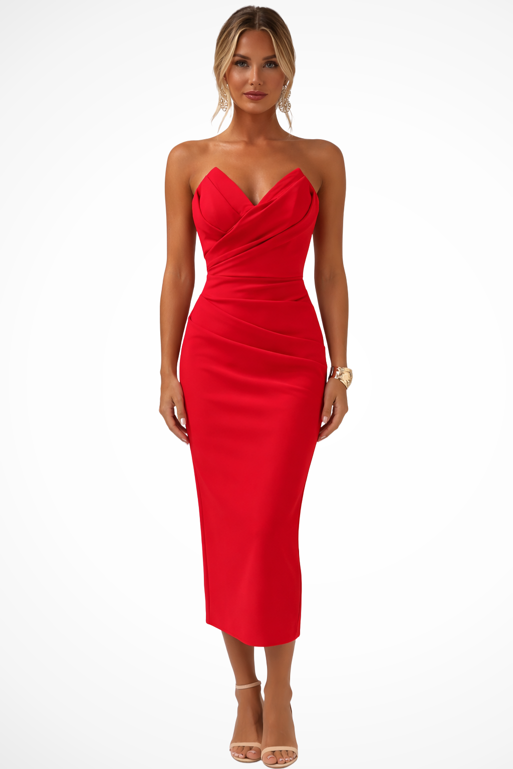 Dames Strapless Midi Jurk met Hartvormige Halslijn
