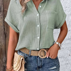 Dames Getextureerde Zomer Blouse Met Knopen