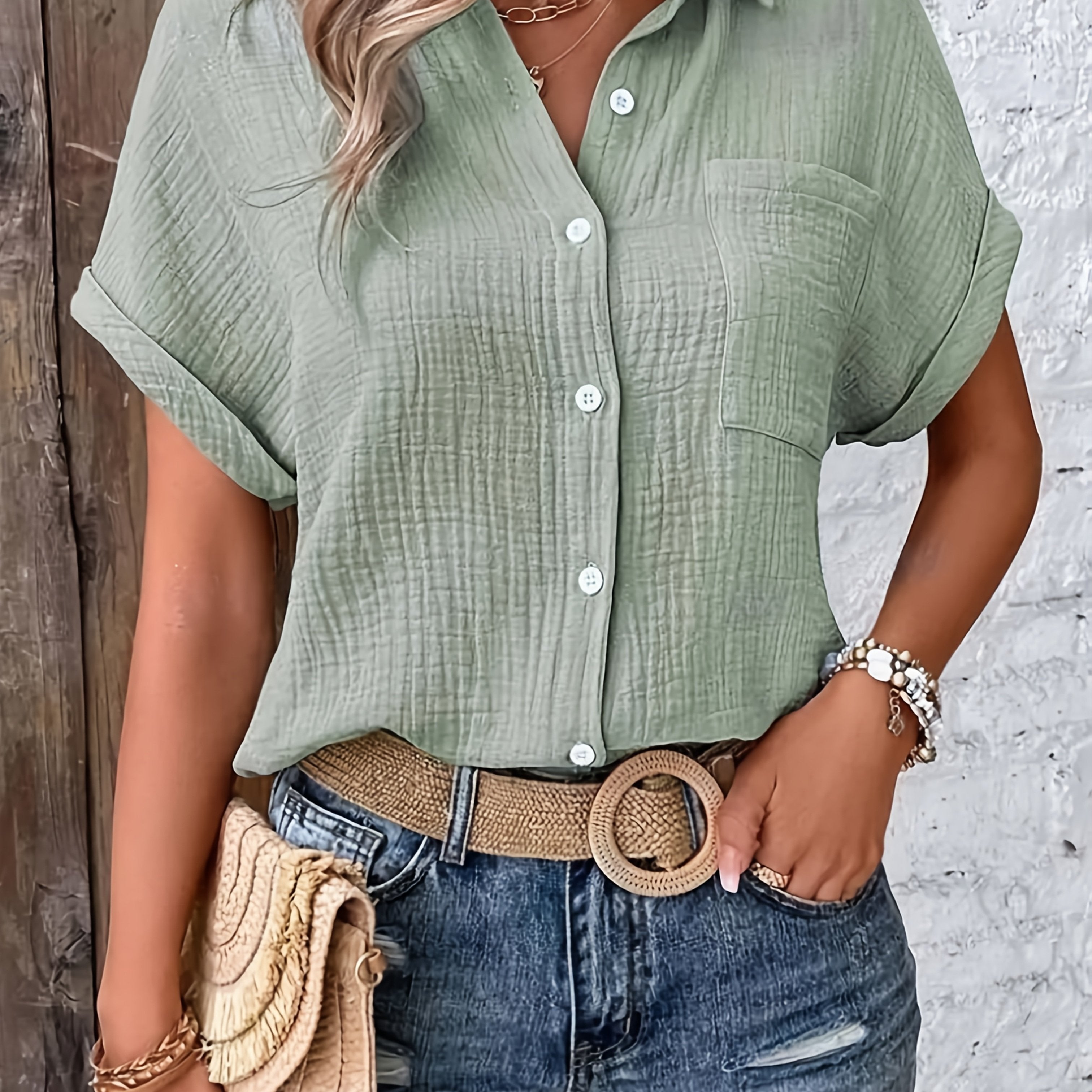 Dames Getextureerde Zomer Blouse Met Knopen