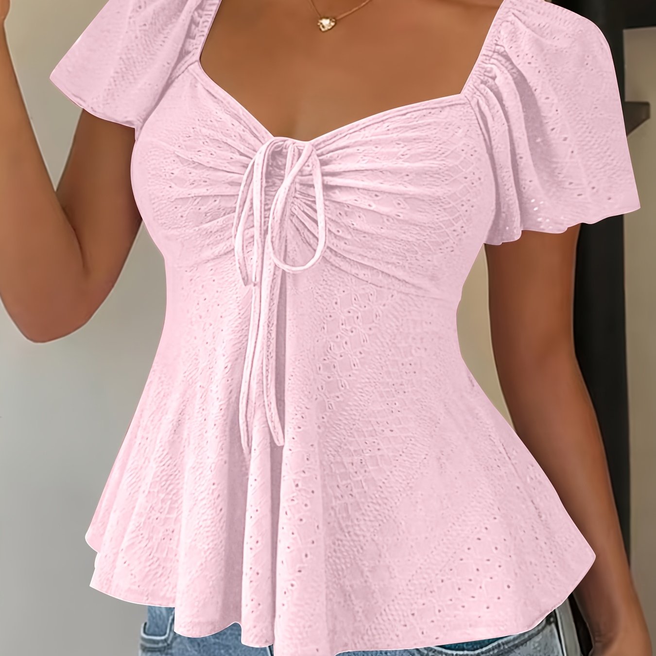 Dames Zomer Blouse Met Trekkoord En V Hals