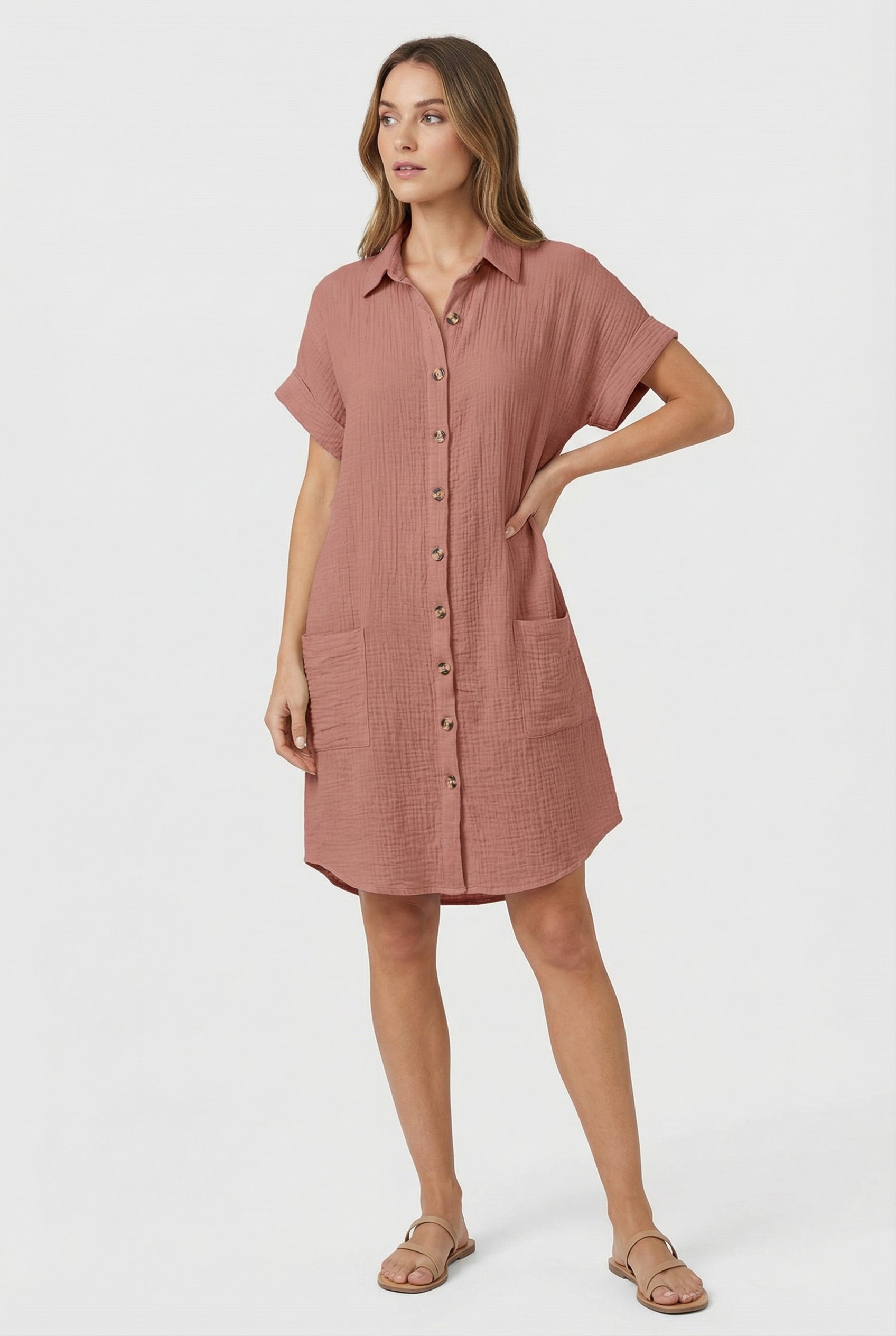 Women's Cotton Blend Shirt Mini Dress Short Sleeve