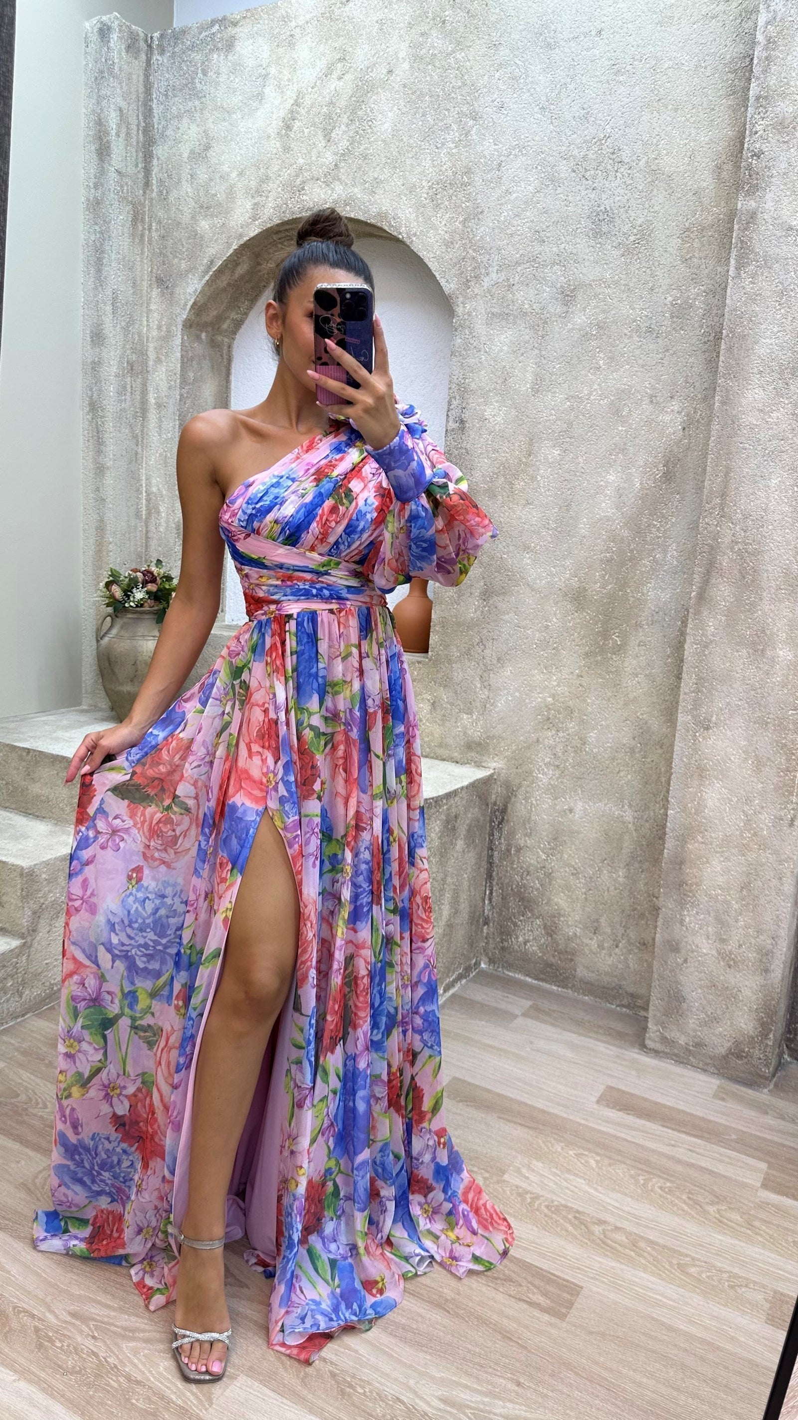 Dames One Shoulder Bloemenprint Maxi Jurk met Split