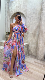 Dames One Shoulder Maxi Jurk met Geplooide Rok