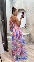 Dames One Shoulder Bloemenprint Maxi Jurk met Split