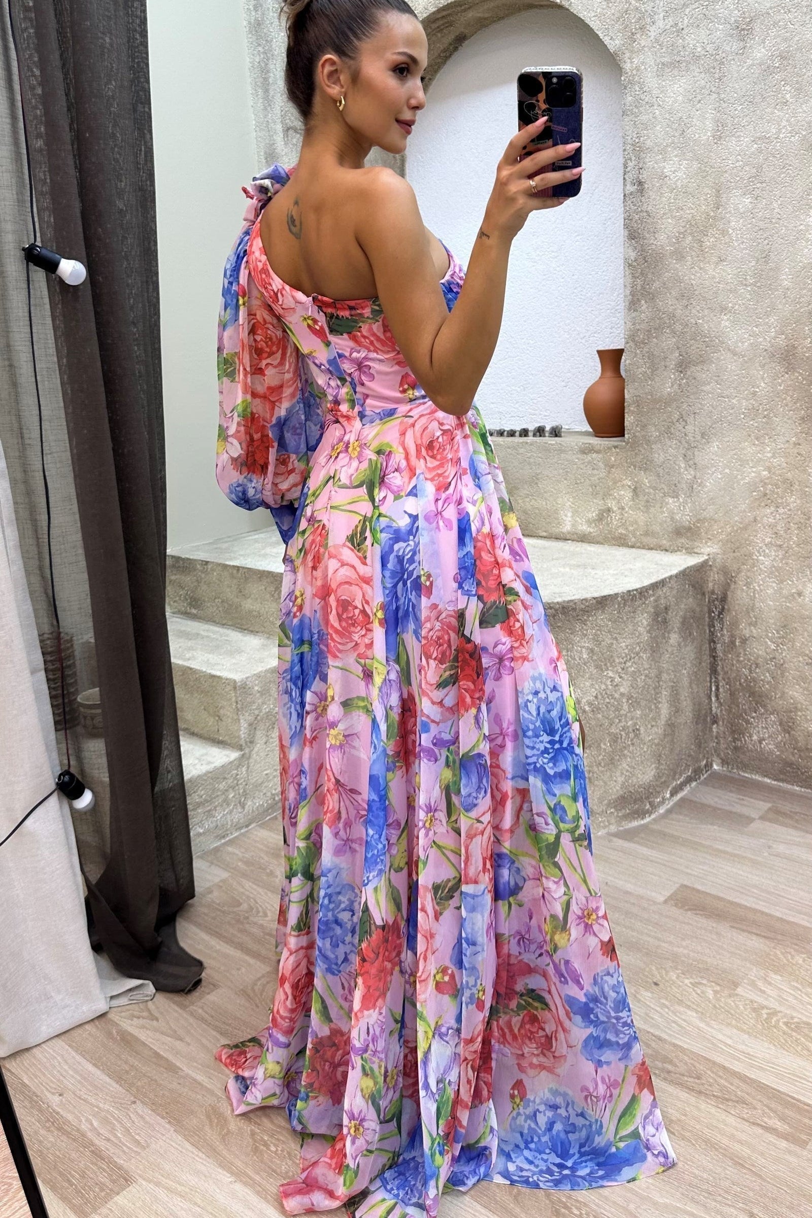 Dames One Shoulder Maxi Jurk met Geplooide Rok