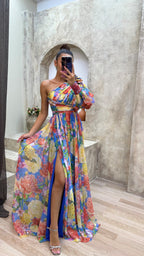 Dames One Shoulder Bloemenprint Maxi Jurk met Split