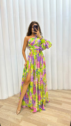 Dames One Shoulder Maxi Jurk met Geplooide Rok