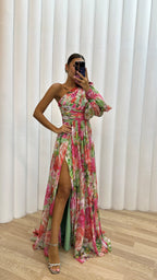 Dames One Shoulder Bloemenprint Maxi Jurk met Split