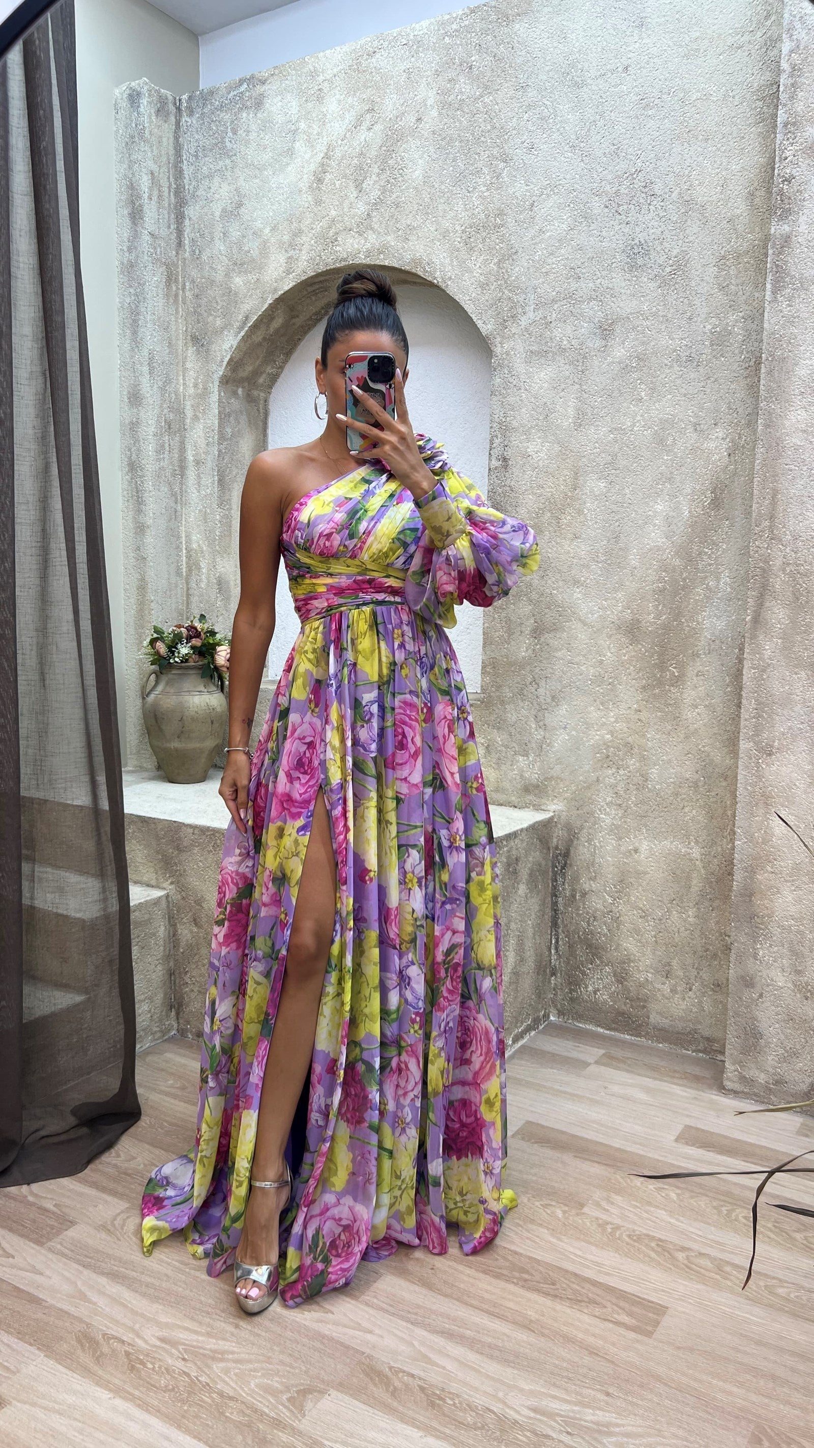 Dames One Shoulder Bloemenprint Maxi Jurk met Split