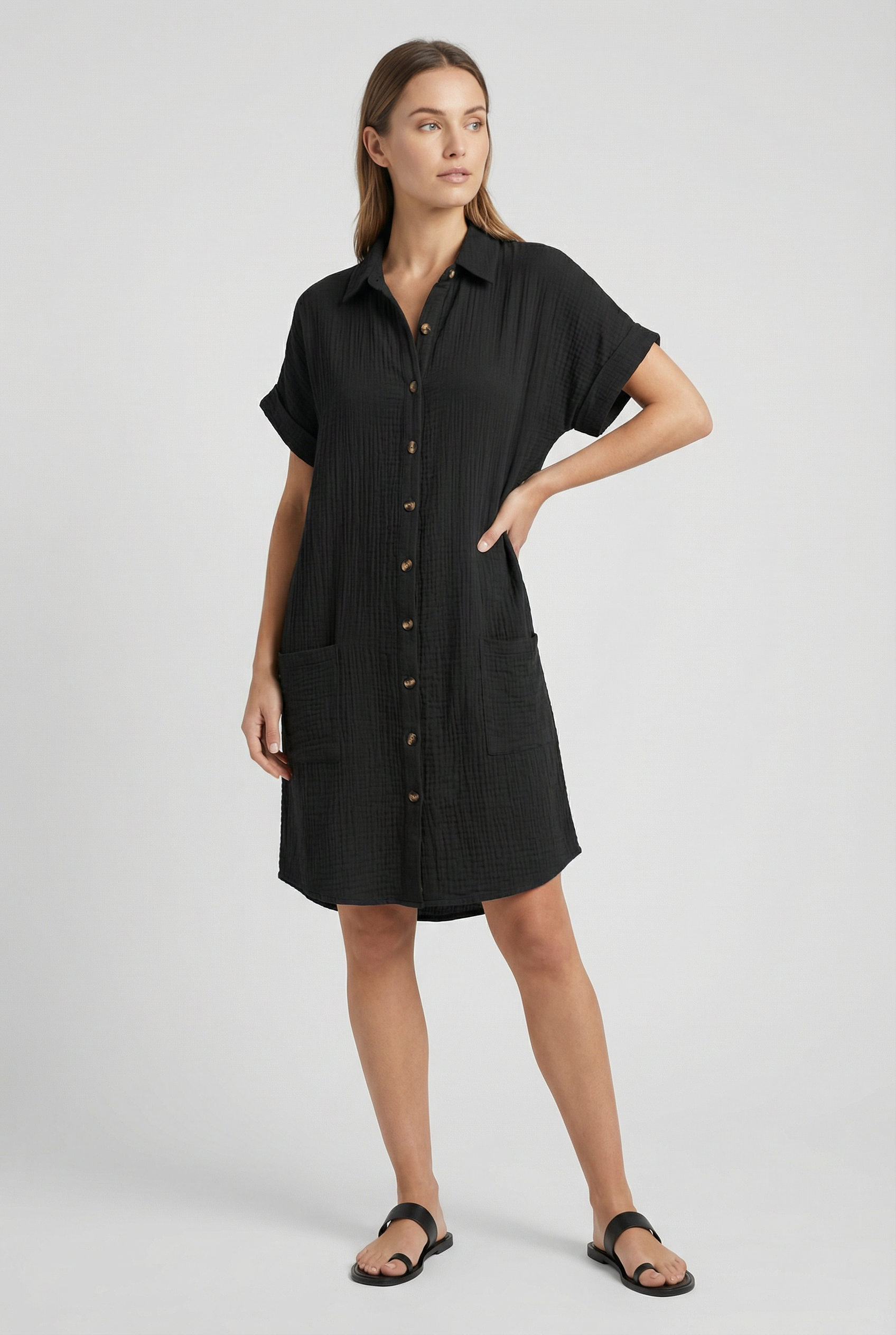Women's Cotton Blend Shirt Mini Dress Short Sleeve