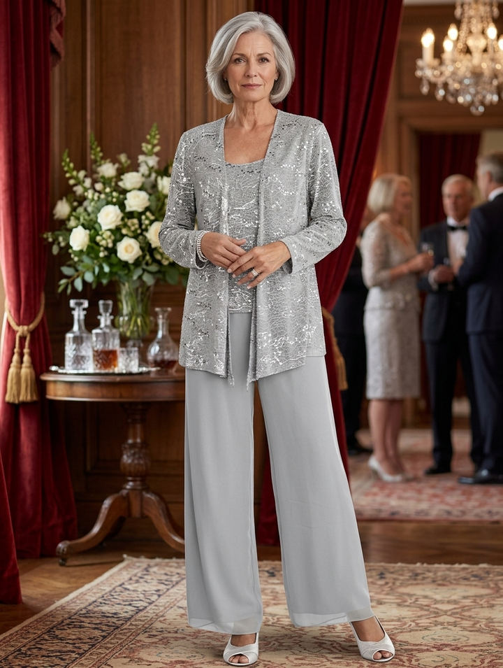 Dames Chiffon Broekpak met Pailletten Jas