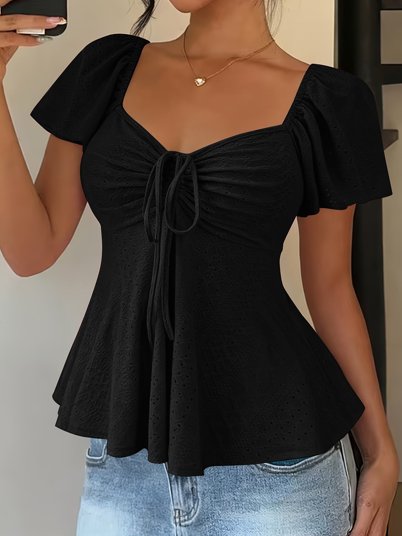 Dames Zomer Blouse Met Trekkoord En V Hals