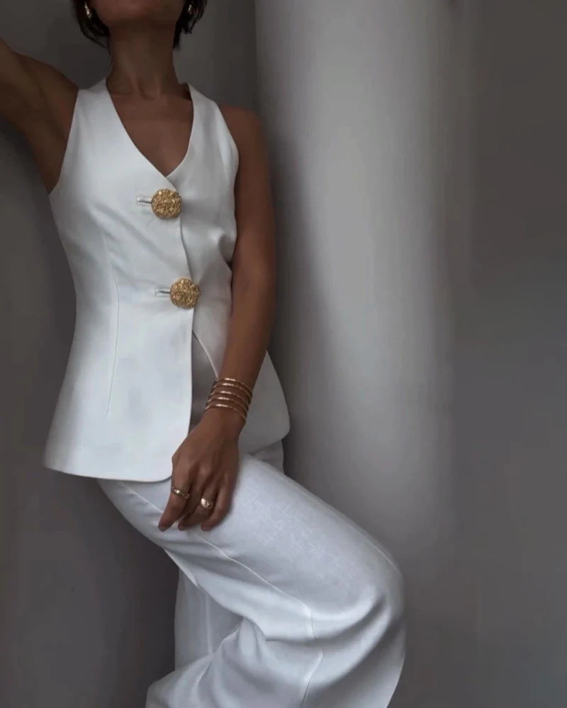 Meghan Set | Vrouwen Gouden Knop Vest en Broek Set