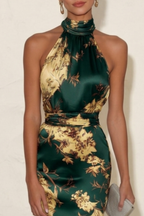 Dames Satijnen Halter Midi Jurk Bloemenprint