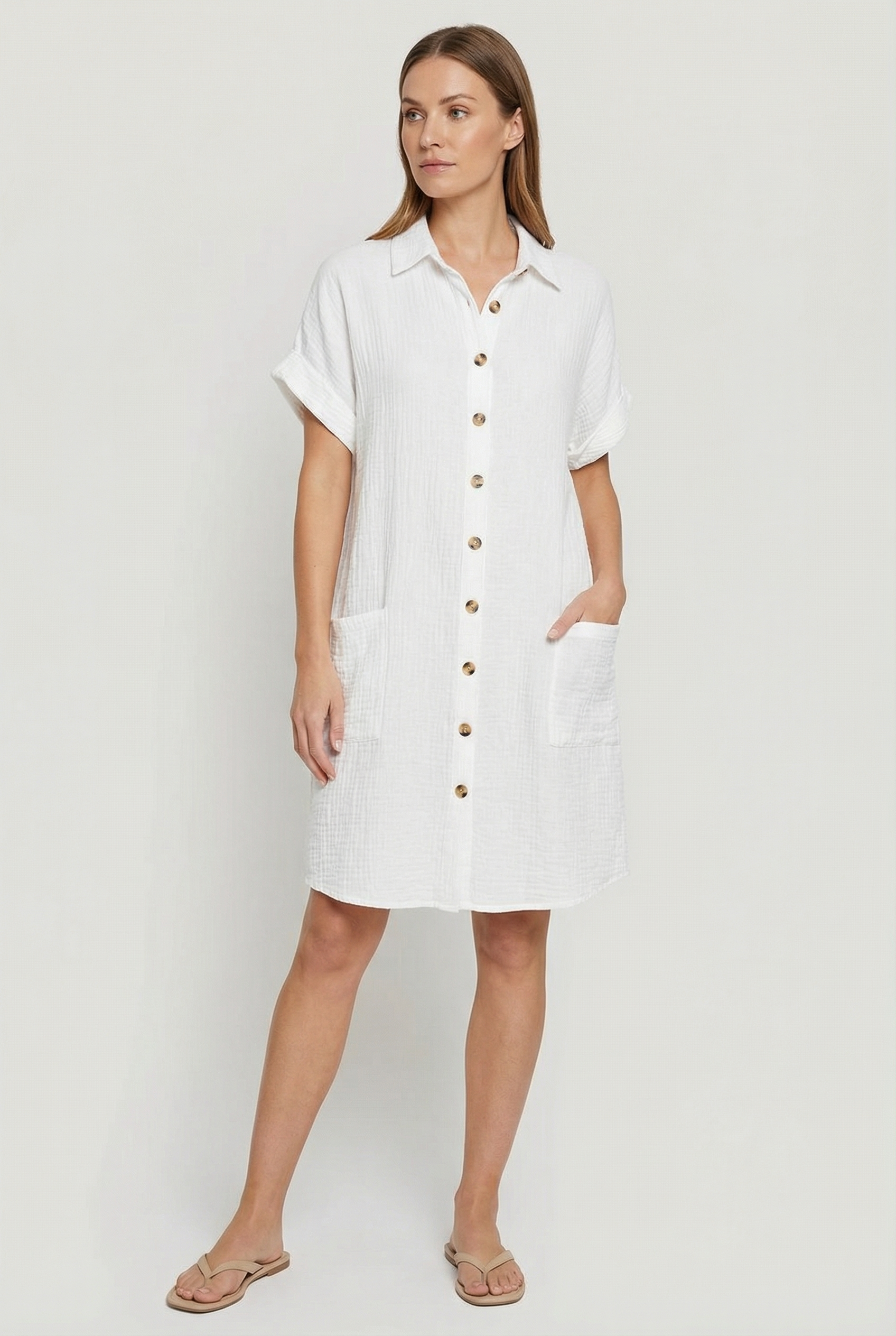 Women's Cotton Blend Shirt Mini Dress Short Sleeve