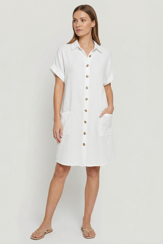 Women's Cotton Blend Shirt Mini Dress Short Sleeve