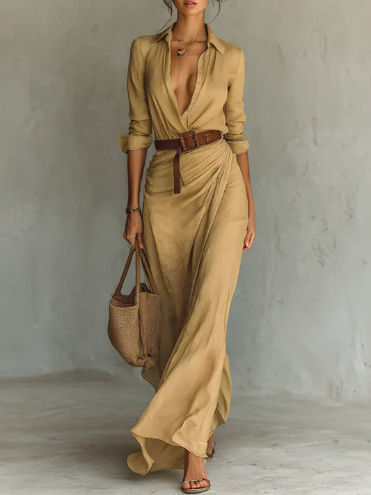 Dames Maxi Jurk Lange Mouwen met Riem