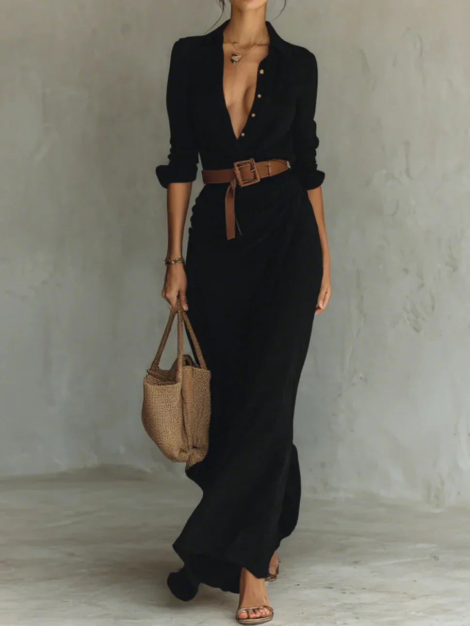Dames Maxi Jurk Lange Mouwen met Riem