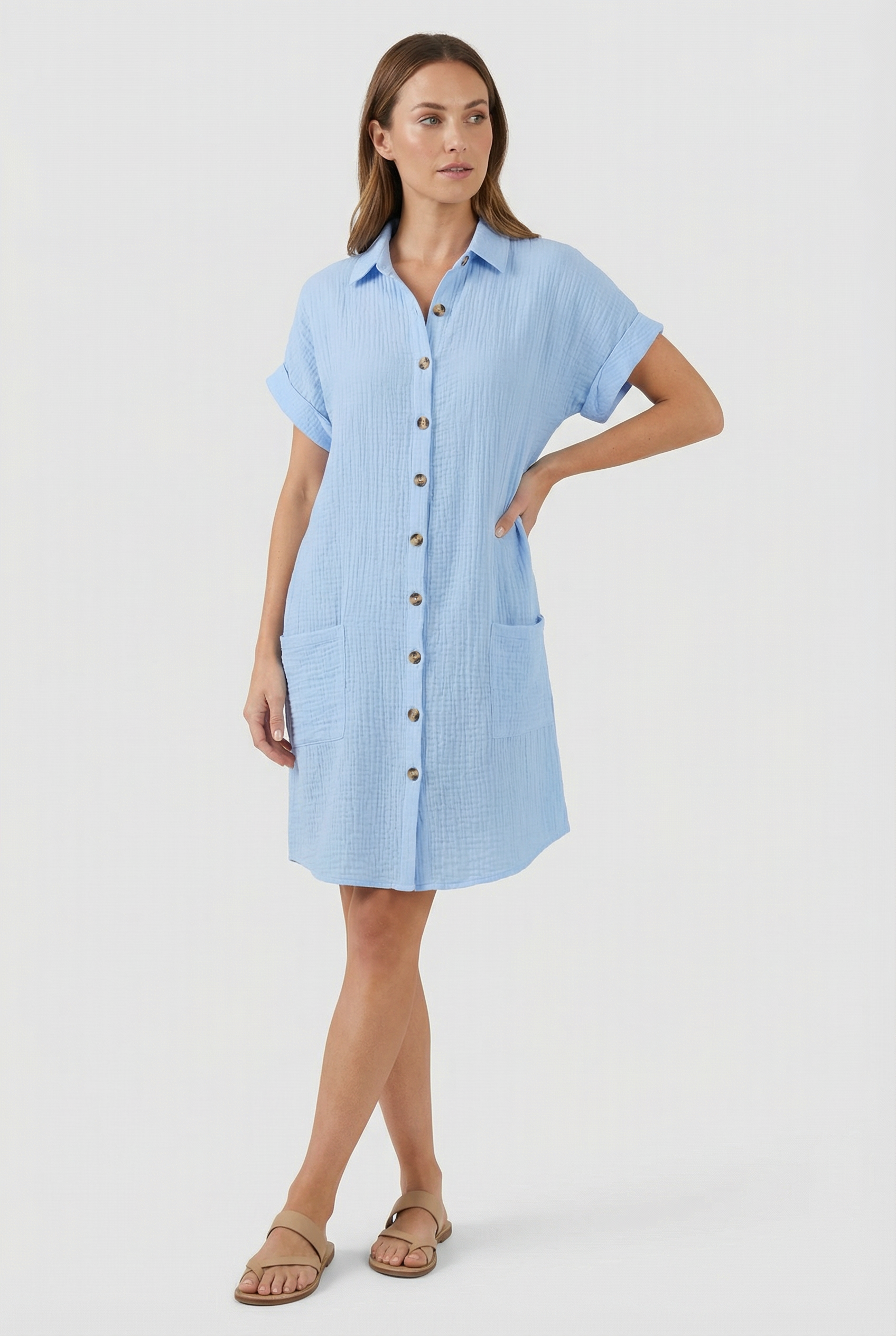 Women's Cotton Blend Shirt Mini Dress Short Sleeve