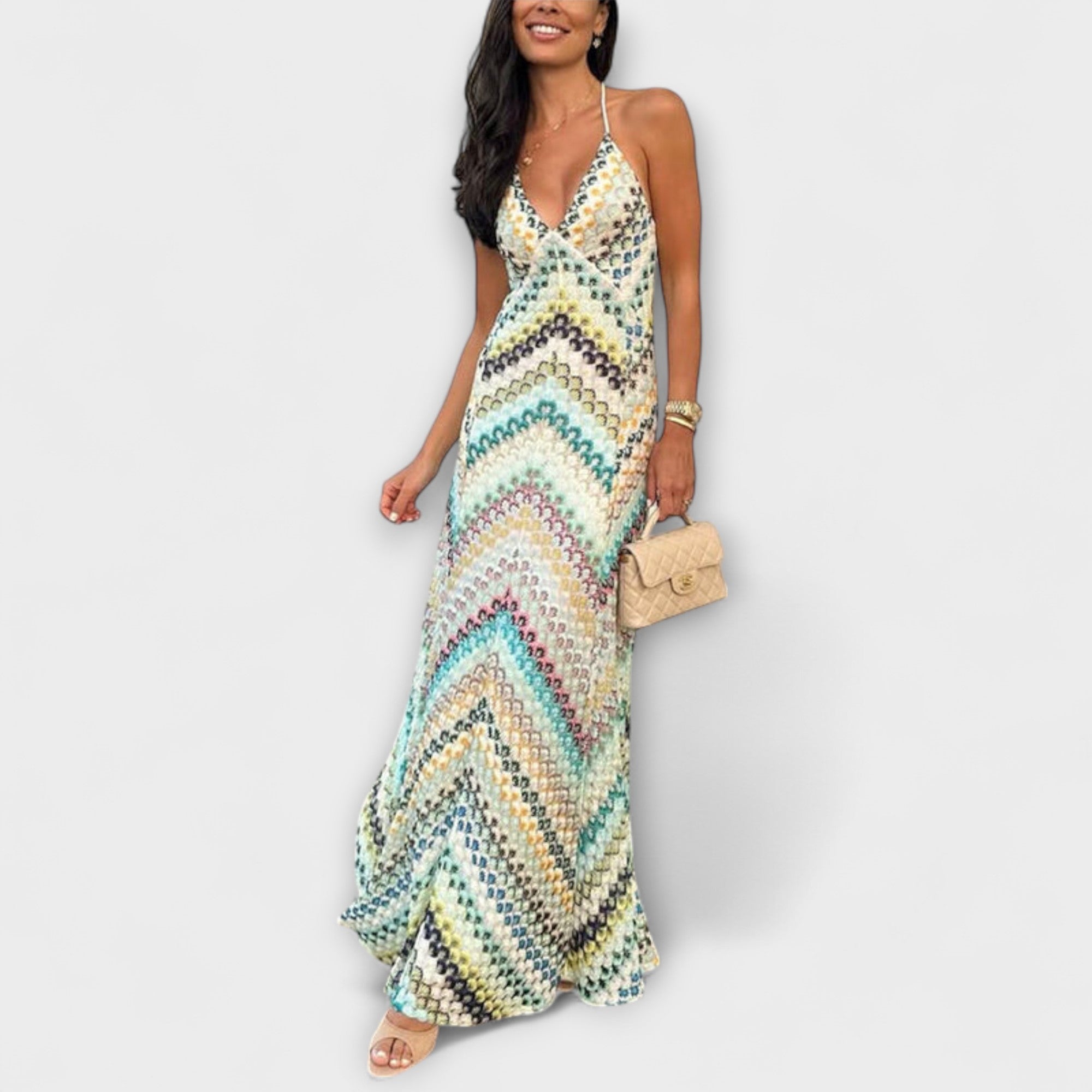 Women's Maxi Dress with Colorful Herringbone Pattern