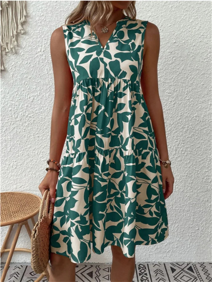 Dames Mini Jurk met Bladerenprint en V Hals