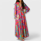 Dames Bloemenprint Maxi Jurk V Hals Lange Mouwen