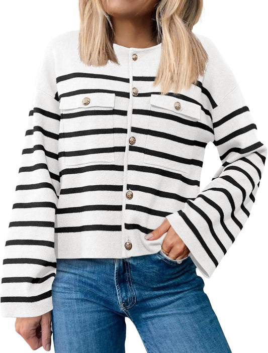 Reese Vest | Gestreepte Knoopsluiting Vest met Zakken
