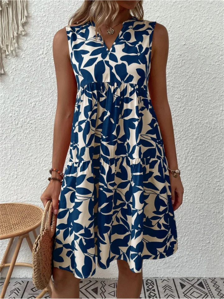 Dames Mini Jurk met Bladerenprint en V Hals