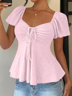 Dames Zomer Blouse Met Trekkoord En V Hals
