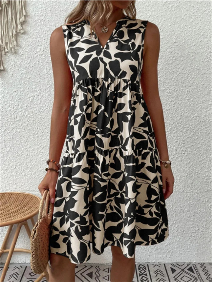 Dames Mini Jurk met Bladerenprint en V Hals
