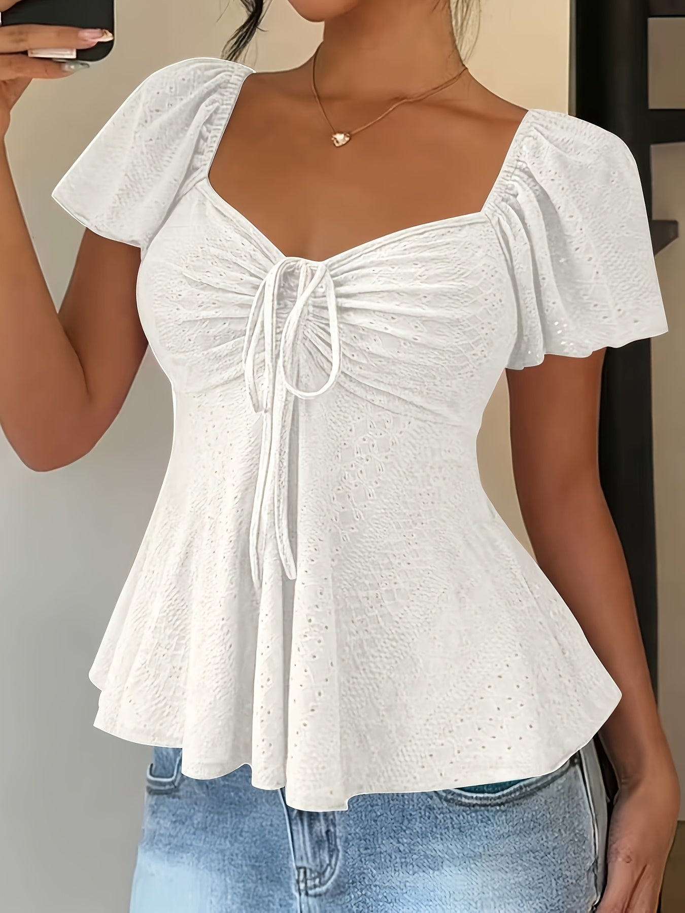 Dames Zomer Blouse Met Trekkoord En V Hals